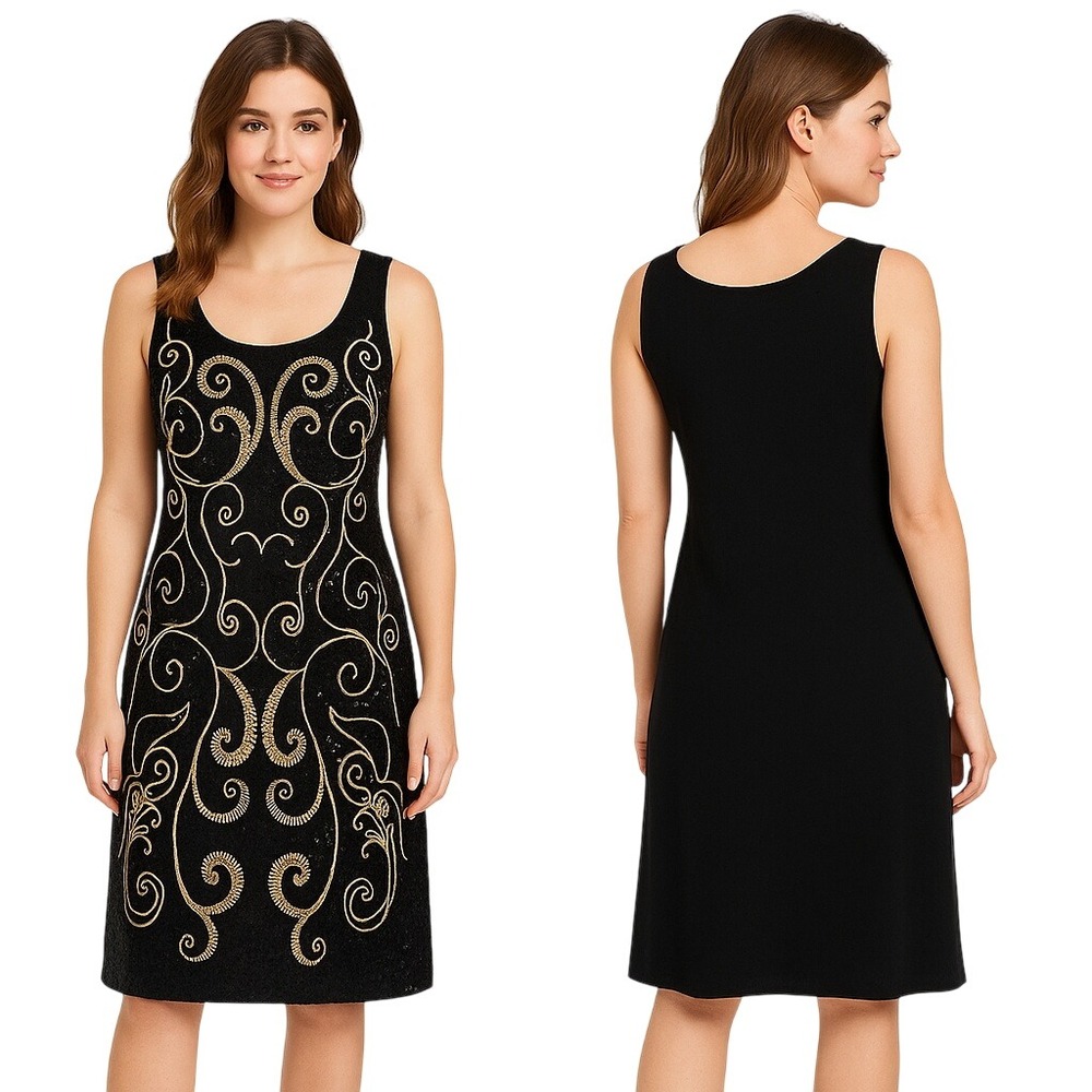 Women Sleeveless Dress Black Sequin Detailing Gold Swirl Pattern Embroidery Glam